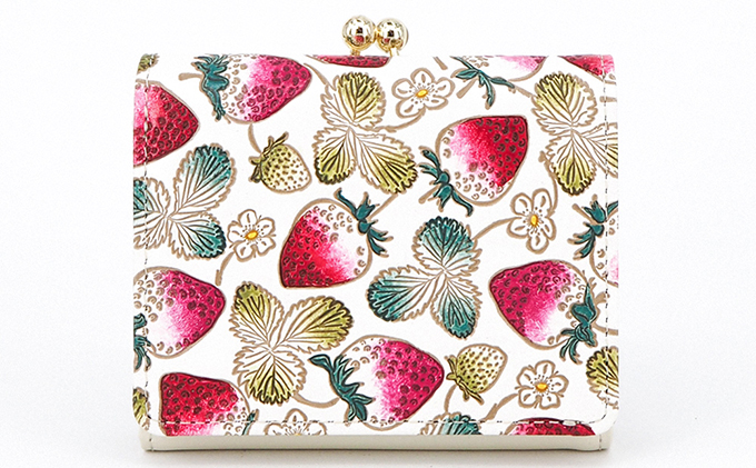 【文庫屋大関】三つ折りミニ財布　いちご【皮革工芸品】 ファッション 小物 民芸品 お札 カード 小銭 手のひらサイズ コンパクト 大人かわいい 牛革 手作り 国産 