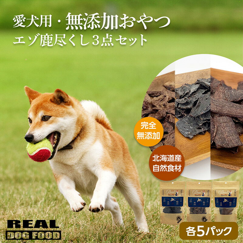 【ふるさと納税】愛犬用 ★ 無添加おやつ★ エゾ鹿尽くし3点セット（ 各5パック ）計 400g ≪REAL DOG FOOD≫ ペットフード ドックフード エゾシカ 蝦夷鹿 犬用おやつ エゾ鹿干し肉 えぞ鹿 ジャーキー わんちゃん 北海道産自然食材 無添加 安心 北海道 余市町 送料無料