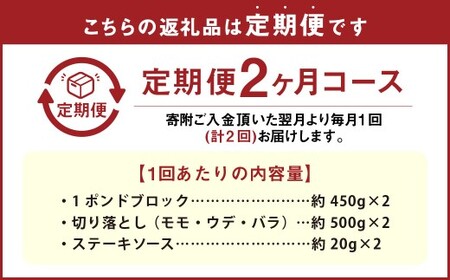 【2カ月定期便】 【ブロック ＆ 切り落とし】 おおいた和牛 1ポンドブロック 約900g（約450g×2） ・ 切り落とし 約1kg（約500g×2） 約1.9kg×2回 計約3.8kg ステーキソ