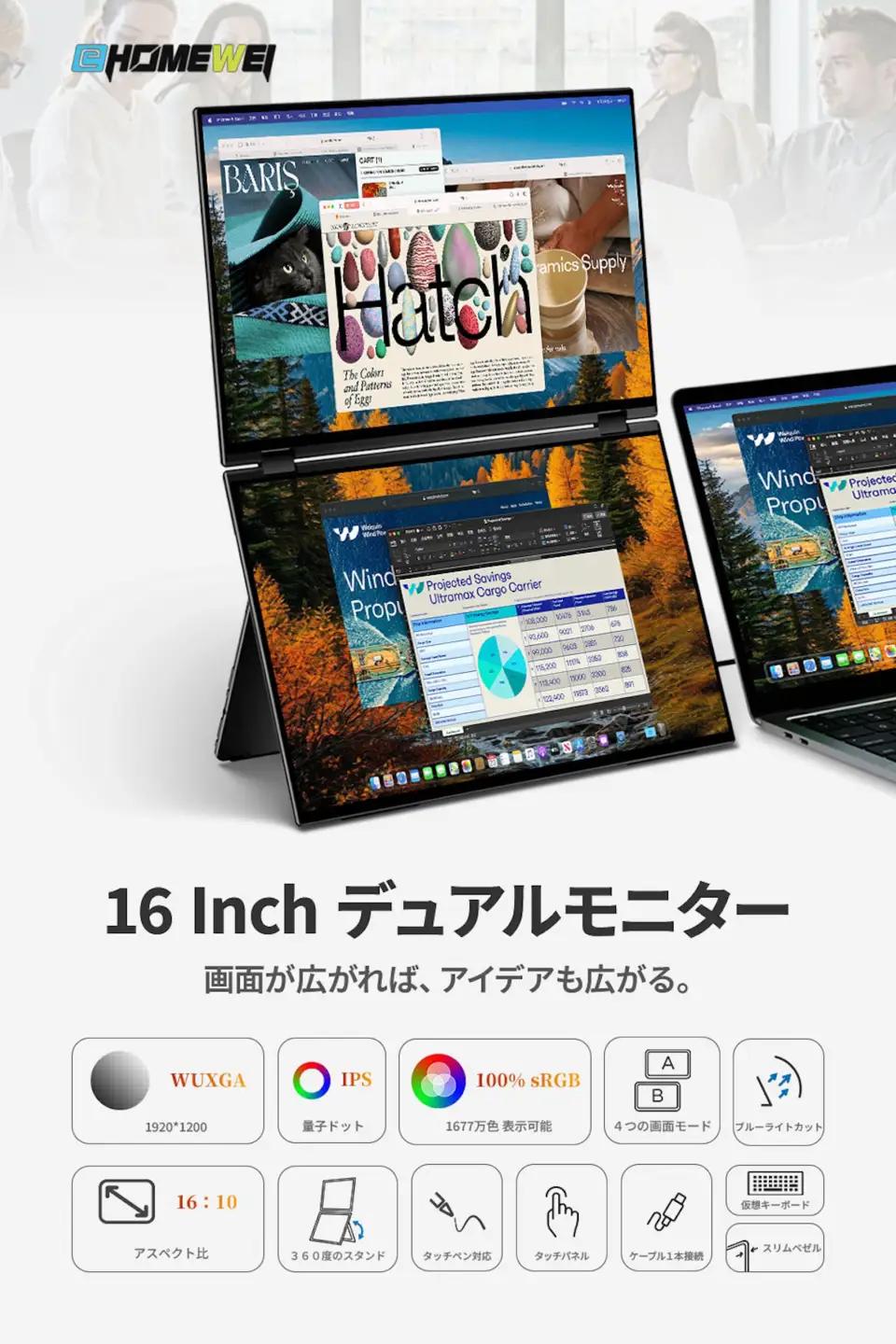 【クラウドファンディング対象返礼品】EHOMEWEI デュアルモニター IPS タッチパネル 16インチ 薄型6mm [1308]