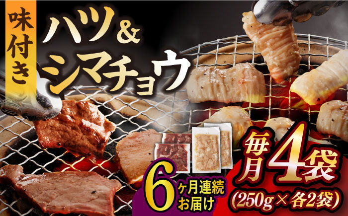 
                  【全6回定期便】【塩だれ】九州産和牛 ホルモン2種 計1kg（ ハツ 250g×2袋・ シマチョウ 250g×2袋） 長与町/岩永ホルモン [EAX136] ホルモン焼き 国産 牛肉 ホルモン ミックス 小分け 味付き 冷凍 焼肉 焼き肉 和牛 塩 しお 牛 定期便 ていきびん 定期
                