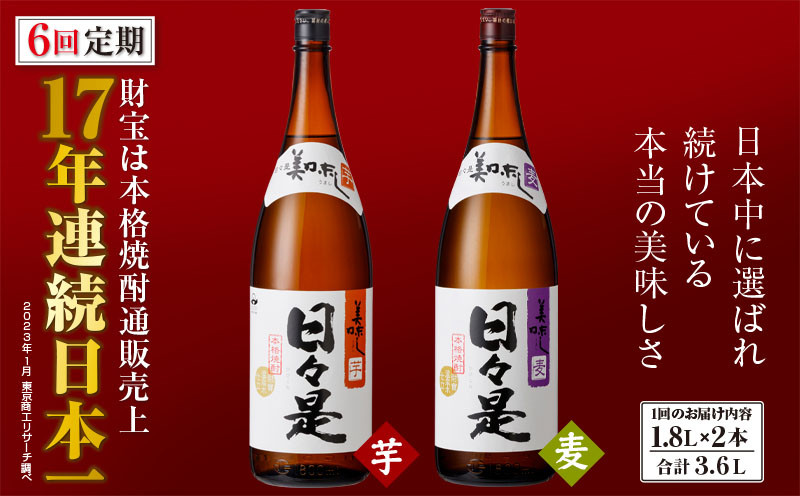 
2071 【6回定期】焼酎 一升瓶2本『日々是（芋）』日々是（麦）』温泉水仕立ての本格焼酎
