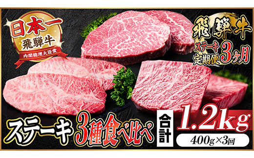 【毎月定期便】飛騨牛 ステーキ定期便 計約1.2kg【冷蔵便】全3回　A4～A5等級【配送不可地域：離島】