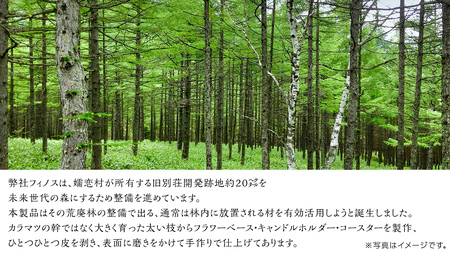 【 SDGs 】フィノスの森 カラマツ間伐材 木製品セット ( フラワーベース 1個・ キャンドルホルダー 1個、 コースター ２枚 ） [BI003tu]