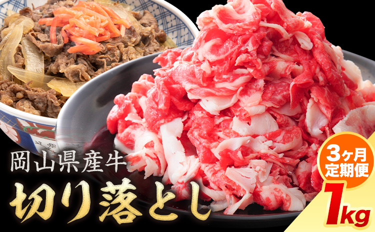【3ヶ月定期便】岡山県産牛 切り落とし 交雑牛 1kg お試し 大容量《お申込み月の翌月から出荷開始》 岡山県 笠岡市 肉 送料無料