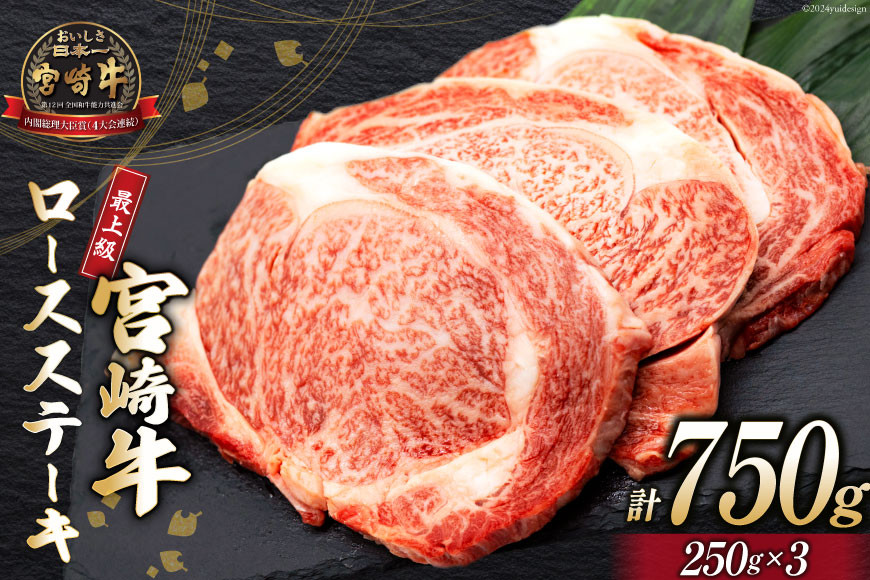
            【最上等級使用！】 牛肉 宮崎牛 ロース ステーキ 250g × 3枚 計750g [ミヤチク 宮崎県 日向市 452061227] 小分け 個包装 和牛 ブランド牛 黒毛和牛 冷凍 4等級 5等級
          