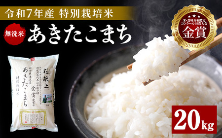 【令和7年産米】新米 あきたこまち 20kg ( 5kg ×4 ) 無洗米 白米 農家直送 受賞歴多数 特別栽培米 自然由来の漢方栽培 【渡部 浩見】[I1-2101]