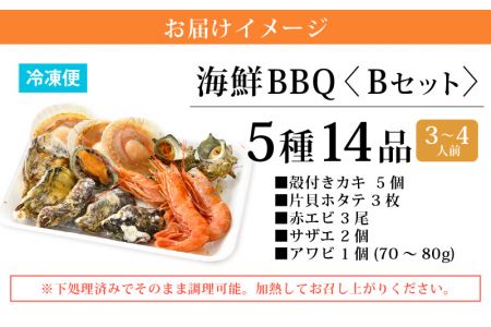 厳選！海鮮BBQ≪B≫セット（5種14品、3～4人用） エビ サザエ ホタテ 牡蠣 アワビ バーベキュー アウトドア 冷凍便 [e04-a005]