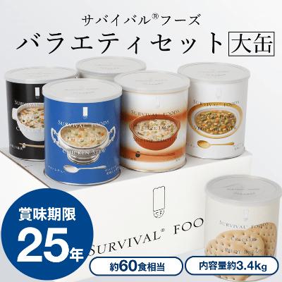 ふるさと納税 あま市 25年保存の美味しい備蓄食(非常食)　サバイバルフーズ　大缶バラエティセット(60食相当)