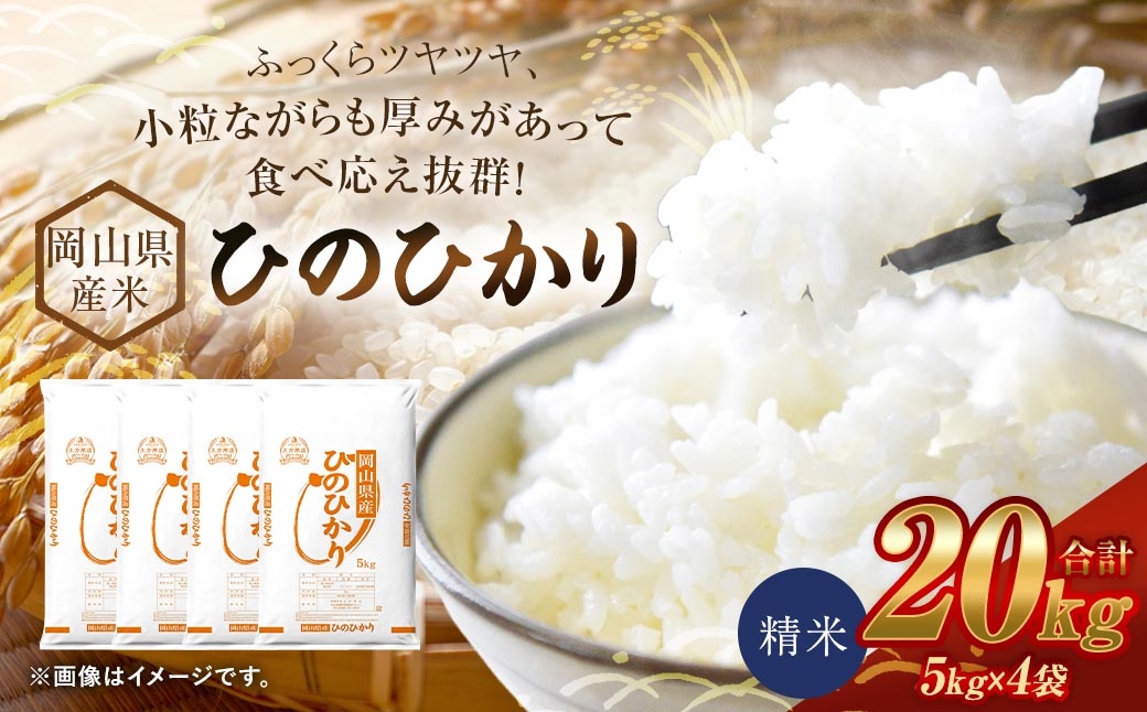 
                  【 令和8年産 】 岡山県産米 ひのひかり 20kg （ 5kg × 4袋 ） お米 米 こめ コメ 白米 精米 白飯 飯 ご飯 おにぎり 和食 国産 【 2026年11月上旬から2027年8月下旬迄発送予定 】
                