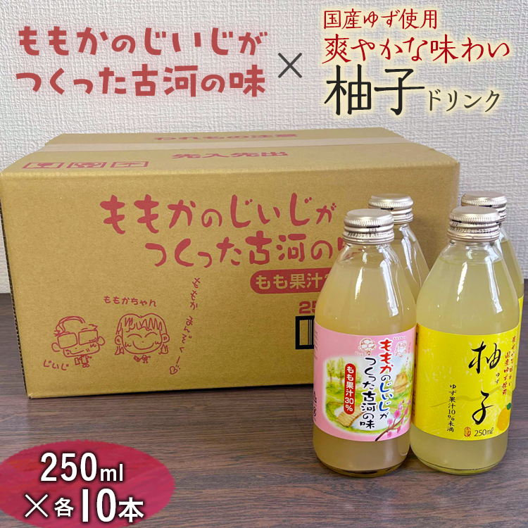 【飲み比べ】ももかのじいじがつくった古河の味×国産ゆず使用爽やかな味わい柚子ドリンク　250ml×各10本入 ※着日指定不可 | ドリンク 飲み比べ 桃 柚子 もも モモ ゆず ユズ ジュース びん ビン 飲料 ご当地ドリンク 飲みくらべ 取り寄せ お取り寄せ ご家庭用 手土産 美味しい すっきり ギフト 厳選 贈答 贈り物 お中元 夏ギフト プレゼント 茨城県 古河市 _EG03