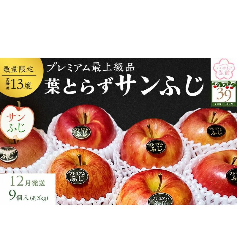 りんご 【 数量限定 】12月発送 蜜入り 糖度13度以上 「特選」 プレミアム 葉とらずサンふじ 約 3kg 9個入り【 弘前市産 青森りんご  果物類 林檎 リンゴ  】