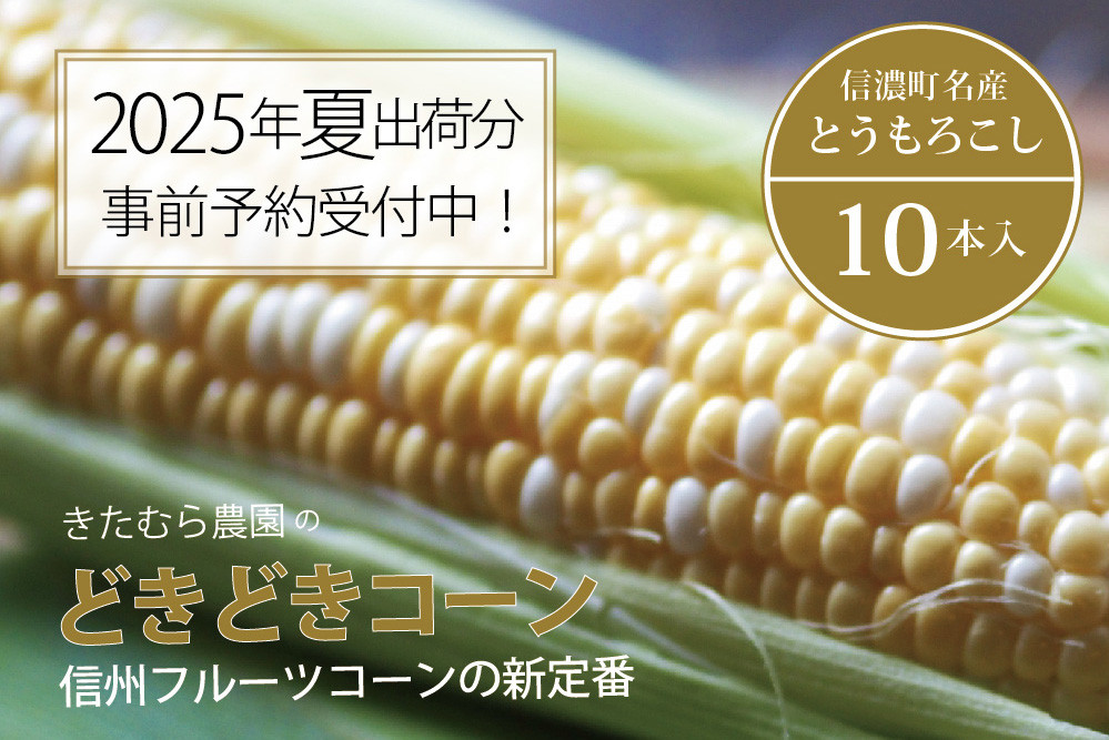 
            きたむら農園『どきどきコーン』×10本セット（約4～4.2kg相当）2025年夏分のご予約受付開始！　信濃町名産とうもろこし／スイートコーンの定番品種、予約受付中！ 令和7年7月下旬～8月下旬に随時出荷 先行予約【長野県信濃町ふるさと納税】
          