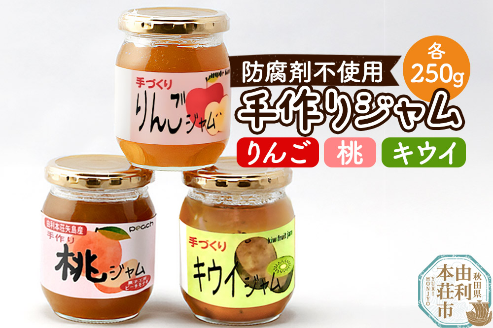 茂木農園 秋田県産 手作りジャムセットB 合計750g（りんご,桃,キウイ 各250g）