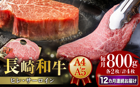 【12回定期便】長崎和牛ヒレ&サーロイン 計800g （各2枚）[ECS052]定期便ステーキステーキ定期便ステーキステーキ定期便テーキステーキステーキ