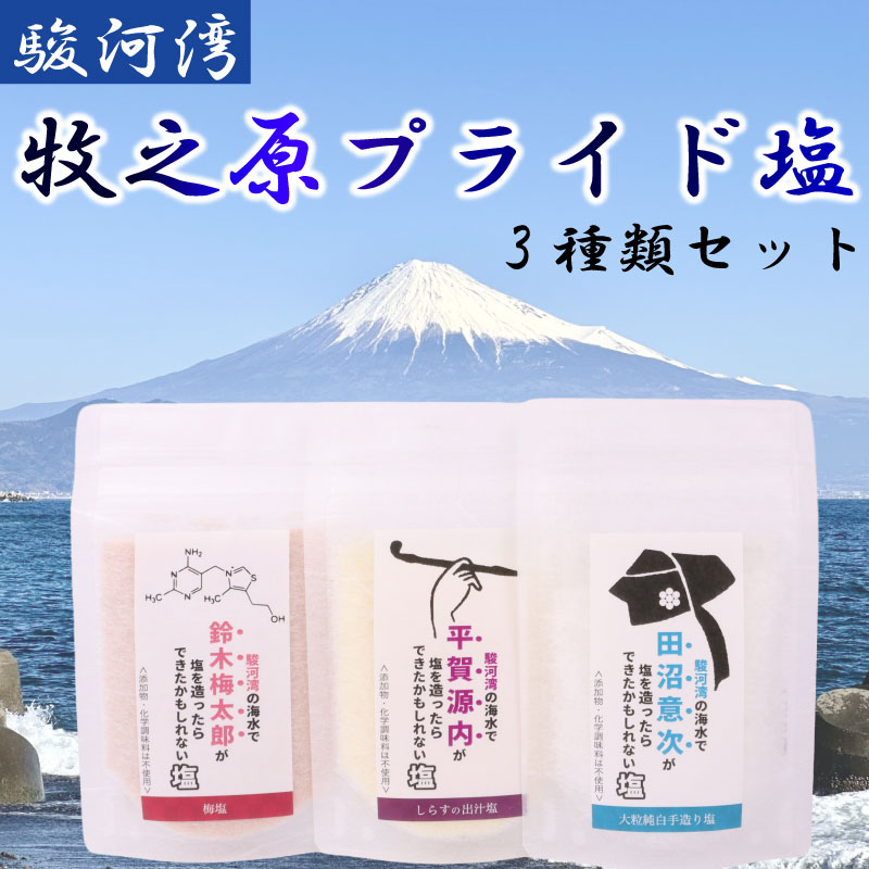 【ふるさと納税】 牧之原プライド 塩 3種 セット 駿河湾 海水 しお 大粒 純白 手作り しらす 出汁 梅 田沼意次 平賀源内 鈴木梅太郎 海まで0分の宿 静岡県 牧之原市