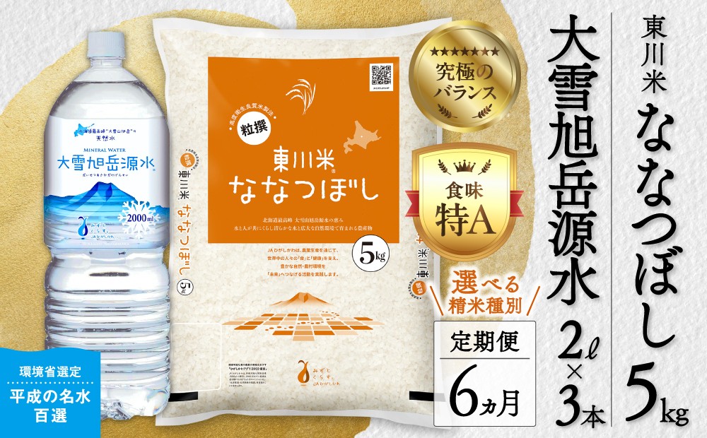【 選べる 精米種別！】【 令和8年産 新米 】【 6ヵ月 定期便 】 北海道 東川米「ななつぼし」5kg+水セット   ｜ 特A 銘柄米 ブランド米 無洗米 白米 精米 北海道米 単一米 産地限定米 こめ おこめ 米 お米 ご飯 ごはん 東川町