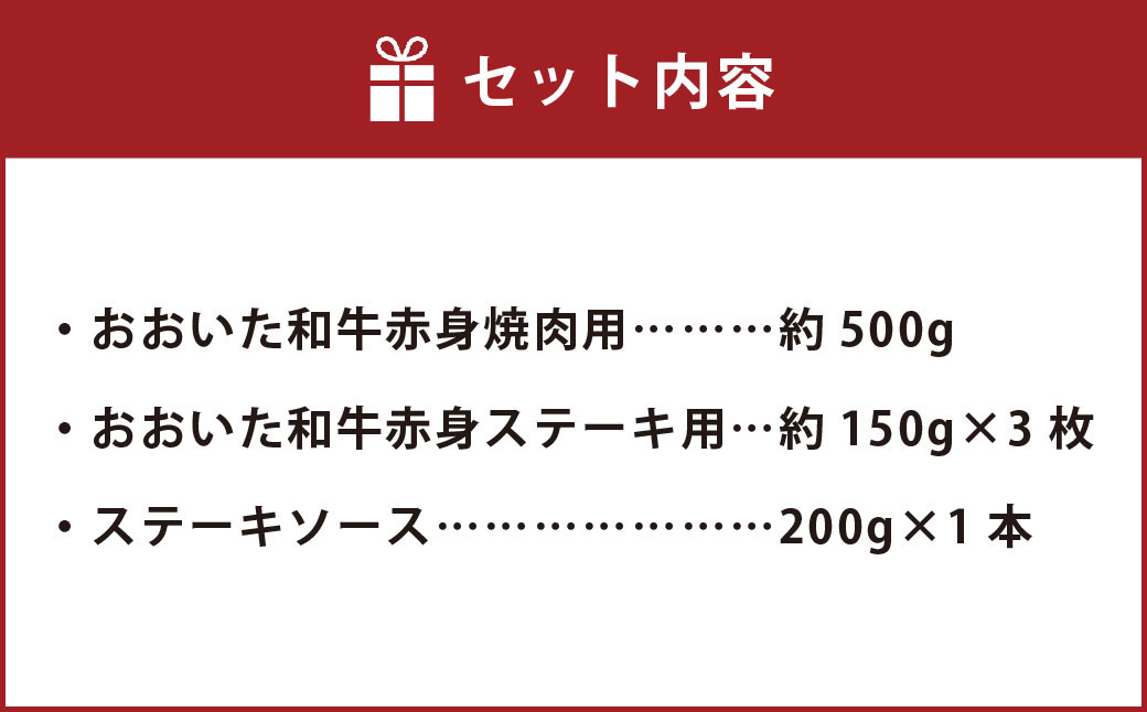 おおいた和牛赤身セット(焼肉用約500g・ステーキ用約150g×3(合計約950g))ステーキソース付き