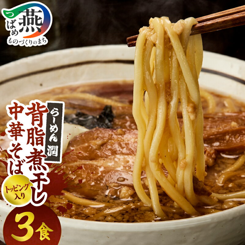 【ふるさと納税】 背脂煮干しラーメン 3食入り 醤油 スープ トッピング付き 自家製麺 中太麺 岩のり チャーシュー メンマ 背脂 煮干し ラーメン 中華そば しょうゆ 具入り ラーメンセット 冷凍ラーメン 時短 お取り寄せ お土産 らーめん潤 酒麺亭潤 新潟県 燕市 燕三条