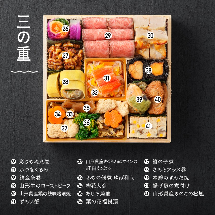 ＜赤坂あじさい＞和風おせち三段重『蝶』(山形牛ローストビーフ・あわび入り/冷蔵)3～4人前【12月31日お届け】