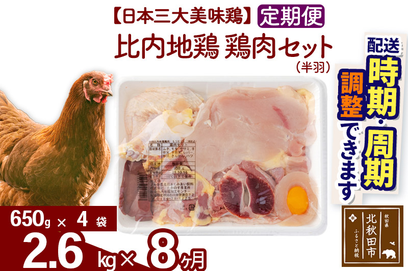 
            《定期便8ヶ月》 比内地鶏 鶏肉セット（半羽） 2.6kg（650g×4袋）×8回 計20.8kg 時期選べる お届け周期調整可能 8か月 8ヵ月 8カ月 8ケ月 20.8キロ 国産 冷凍 鶏肉 鳥肉 とり肉
          