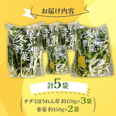 ふるさと納税 初山別村 【北海道 初山別村】冬野菜詰め合わせ5袋(チヂミほうれん草×3袋・春菊×2袋) |  | 01