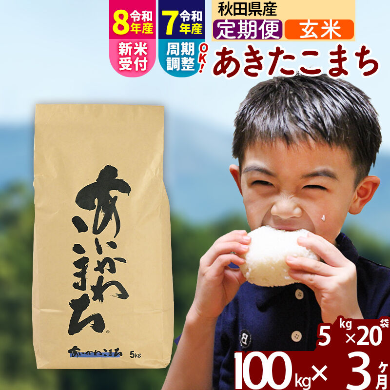 【ふるさと納税】※令和7年産／R8産新米予約※《定期便3ヶ月》秋田県産 あきたこまち 100kg【玄米】(5kg小分け袋) 2025年産 2026年産 令和8年産 お届け周期調整可能 隔月に調整OK お米 藤岡農産 [藤岡農産 秋田 お米 あきたこまち]