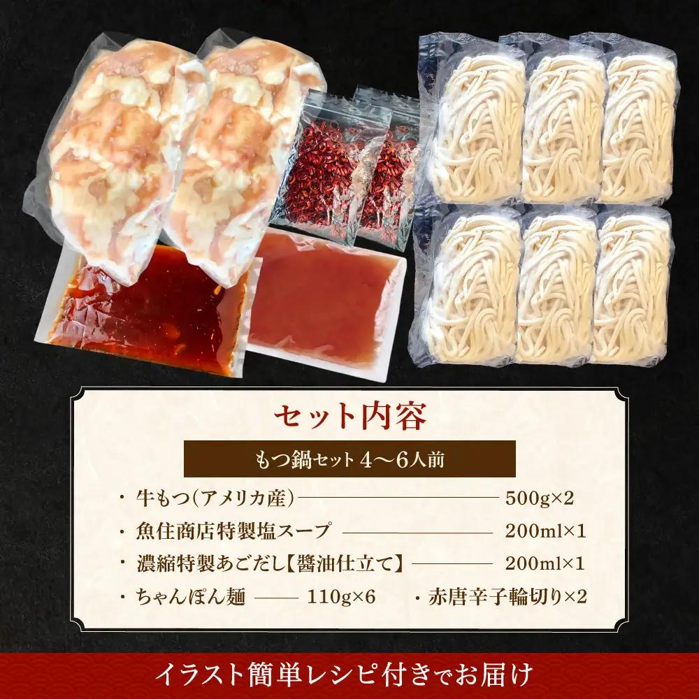 塩＆あごだし醤油 贅沢もつ鍋2種セット《たっぷりもつ1kg入り》【魚住商店】_HA1682 4～6人前 チャンポン麺付き モツ鍋 鍋 ホルモン もつ もつ鍋 塩もつ鍋 塩モツ鍋 あご出汁醬油 出汁つき