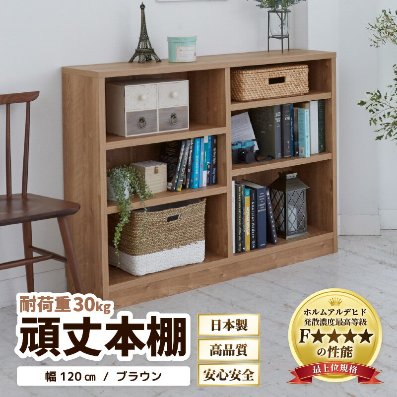 【ふるさと納税】頑丈本棚 幅120cm ブラウン（ロータイプ）／本棚 日本製 国産 家具 木製 収納 棚 仕切り プレゼント 贈り物 勉強 学習 子供部屋 リビング 書斎 シンプル デザイン 重厚感 文庫 書棚 教科書 インテリア 絵本 新生活準備