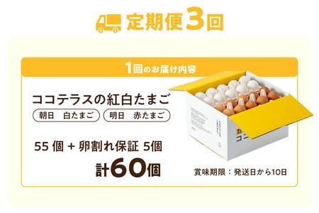 【3ヵ月定期便】ココテラスの紅白たまご　55個 + 5個保証（計60個）【JGAP認証】 農家直送 新鮮 卵 タマゴ 赤卵 白卵 玉子 鶏卵 朝食 夕食 夜食 朝ごはん たまご焼き だし巻き卵 オムレ