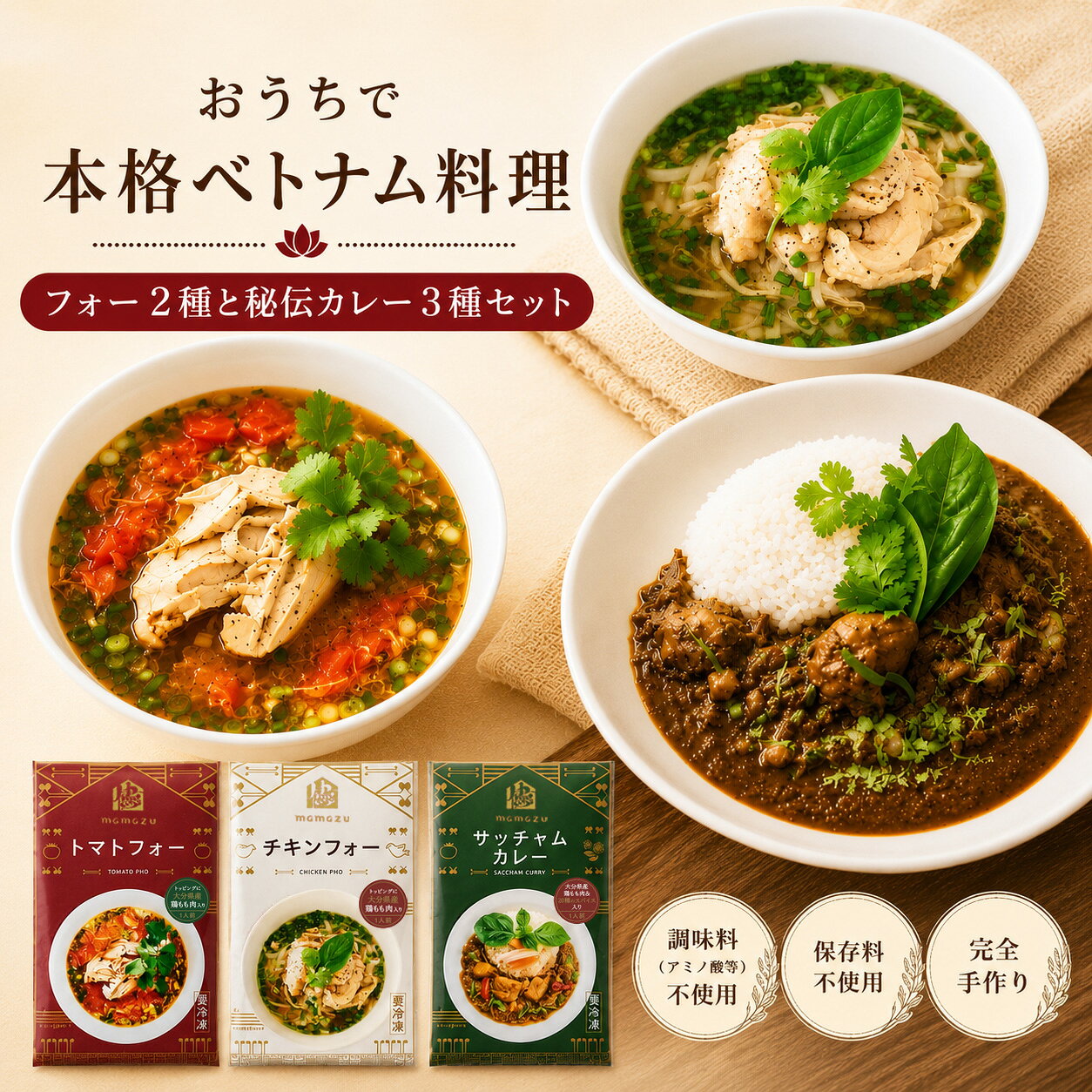 【ふるさと納税】おうちで本格ベトナム料理 3種類 セット チキンフォー トマトチキンフォー サッチャムチキンカレー 3食分 惣菜 麺類 加工品 冷凍食品 簡単調理 おすすめ おかず 夜食 ベトナム料理 チキンカレー トマトソース フォー 米麺 米粉 大分県 別府市 送料無料