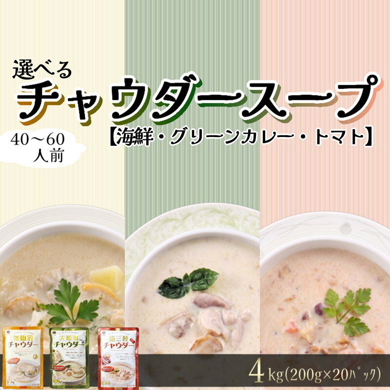 【ふるさと納税】 【スピード発送】 濃縮 チャウダースープ 20袋 選べる 4kg 40〜60人前 1袋 200g 大船渡チャウダー 気仙沼チャウダー たこ あさり 南部どり ホタテ ほたて 帆立 ふかひれ フカヒレ トマト グリーンカレー 常温保存 時短 長期保存 保存食 非常食 防災 大船渡