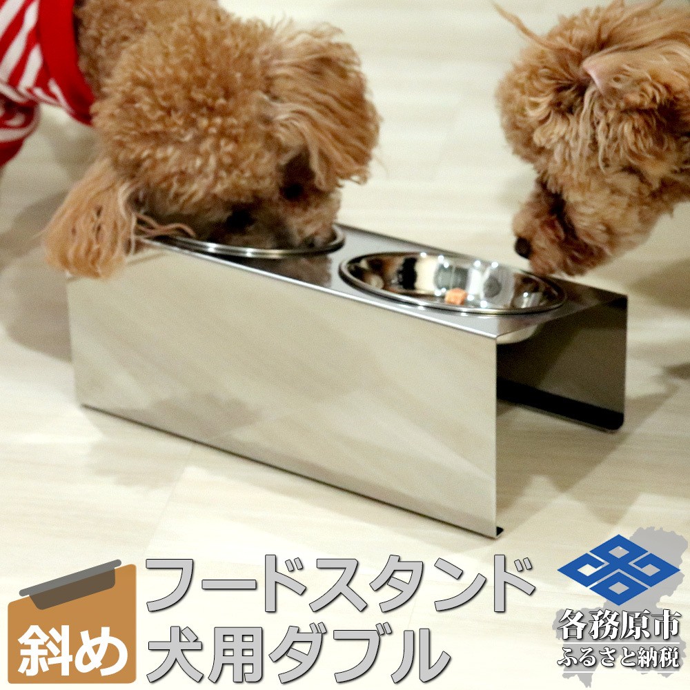 
            1070 ペットフードスタンド 犬用 食器台 ステンレス製 傾斜タイプ ステンレス食器皿 ダブルスタンド PT10-03B-2
          