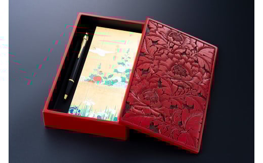 F4027 村上木彫堆朱　小箱　牡丹唐草地紋引下彫