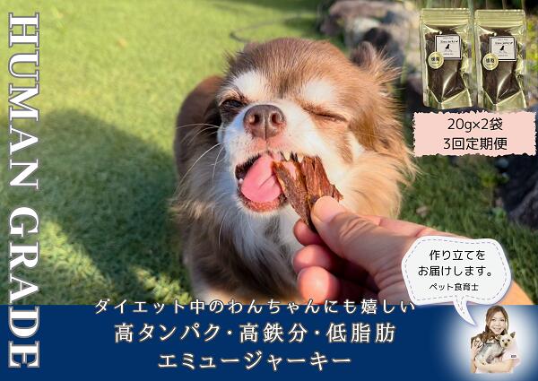 【ふるさと納税】犬の無添加おやつ☆ダイエット中のわんちゃんにも嬉しい高タンパク＆低脂肪のエミュージャーキー2個【定期便3回】（FB108）