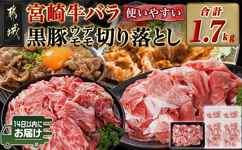 
            宮崎牛バラ&黒豚ウデ・モモ切り落としセット(合計1.7kg)≪みやこんじょ快速便≫_MJ-N403-R_(都城市) 宮崎県産 宮崎牛 バラ(500g)  都城産 黒豚(300g×4) 小分け セット 肉じゃが カレー 炒め物 煮込み 焼き 快速便 14日以内にお届け
          