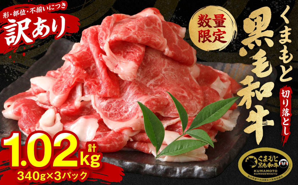 
【訳あり】 くまもと黒毛和牛 切り落とし 1.02kg 340g×3 （ 黒毛和牛 牛肉 和牛 ブランド牛 ブランド和牛 訳あり牛肉 ブランド牛肉 牛肉切り落とし ブランド牛切り落とし 小分け 熊本県産 くまもと 国産 人気 毎月数量限定 ）
