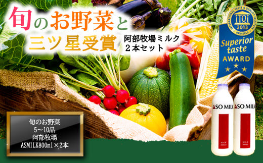 ★レビューキャンペーン対象返礼品★国際コンクールで最高峰の”三ツ星”を受賞！！【ASOMILK800ml×2本】と【季節のお野菜セット】高原 新鮮 旬 お野菜 5～10品 減農薬 産地直送 阿蘇ミルク 阿部牧場 ASOMILK ミシュラン 3つ星 受賞  季節の野菜 牛乳 ASOMILK800ml×2本 セット 牧場直送 詰め合わせ お取り寄せ 人気 おすすめ 贅沢 乳製品 お土産 熊本県 阿蘇市
