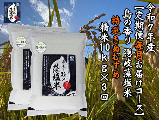 【ふるさと納税】令和7年産【定期便　毎月お届けコース】島の香り隠岐藻塩米特選きぬむすめ　精米10kg×3回