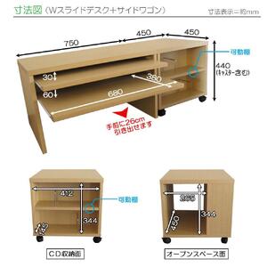 【ホワイト】スライド棚2段 ロータイプ ワゴン付 パソコンデスク 約幅1200(デスク+ワゴン)奥行450高さ440mm