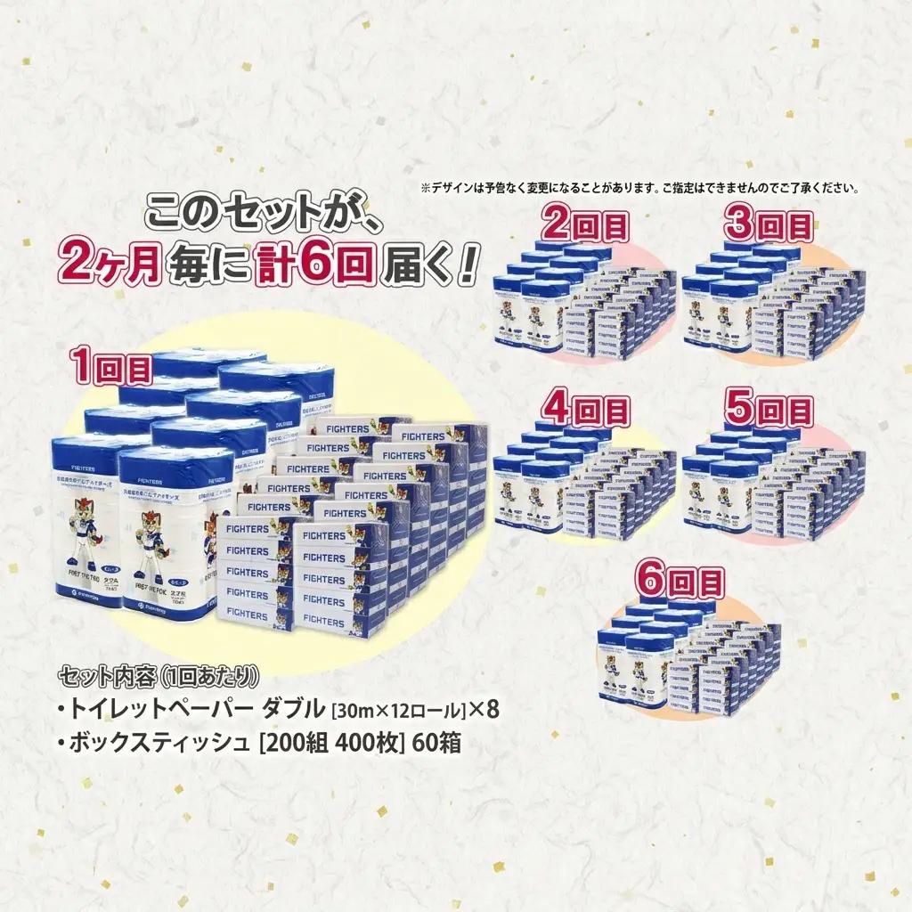 定期便 2ヵ月毎 全6回 北海道 日本ハムファイターズ トイレットペーパー ダブル 30ｍ巻き 96ロール ボックス ティッシュ セット 日本製 香りつき まとめ買い リサイクル 防災 常備 消耗品 