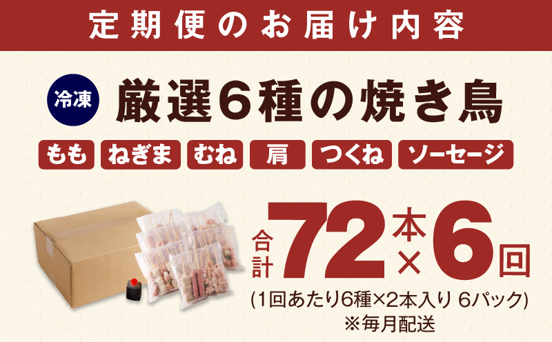 焼鳥 定期便 6種72本×全6回 やきとりのタレ付き【毎月配送コース 国産 国産鶏 鶏肉 焼き鳥 やきとり 加工品 惣菜 おかず おつまみ 冷凍 小分け もも ねぎま ムネ つくね ソーセージ 肩 タ
