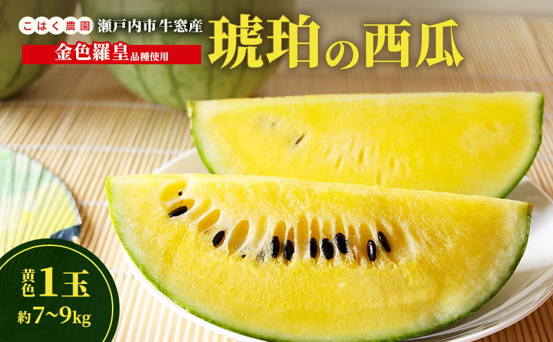 こはく農園 瀬戸内市牛窓産 琥珀の西瓜【金色羅皇品種使用】黄色 1玉(約7～9kg) スイカ 西瓜 フルーツ 国産 岡山 瀬戸内市