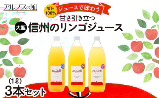 果汁100％ジュースで味わう 信州のリンゴ 甘さ引き立つ 大瓶 3本 セット 詰め合わせ ジュースで味わう信州のリンゴ 甘さ引き立つ リンゴ りんご 林檎 アップル アップルジュース 無添加 飲料 長野 長野県[№5675-1206]