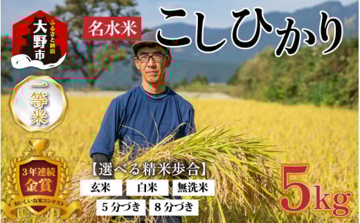 【令和7年産】越前大野産 一等米 帰山農園の棚田育ちコシヒカリ (白米) 5kg × 1袋