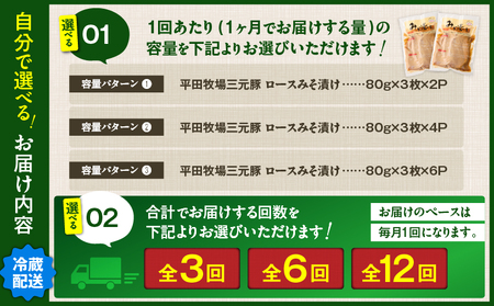 【 全3回 毎月 定期便 】 日本 の 米育ち 平田牧場 三元豚 ロース みそ漬け 80g × 3枚 × 6P T036-T18-01 肉 豚肉