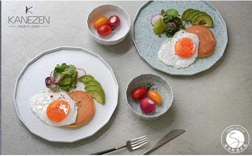 有田焼 23.5cm 十六角プレート / 10.5cm 十六角ボウル 4枚セット【金善製陶所】食器 器 皿 セット おしゃれ モダン 磁器 デザイン プレート ボウル 白 青 電子レンジ対応 55000円 A55-131