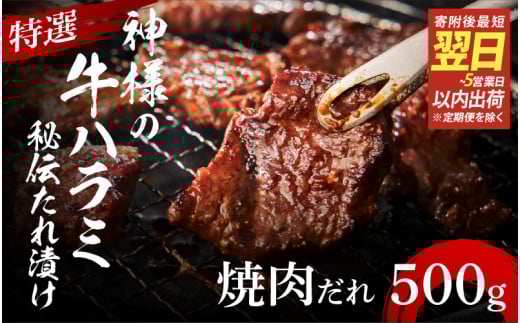 【 スピード発送 】特選神様の牛ハラミ 秘伝たれ漬け 500g（焼肉だれ1p）