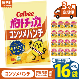 【3回定期便】カルビー ポテトチップス コンソメパンチ （55g） 16個｜Calbee お菓子 菓子 おやつ おかし ぽてち ポテチ スナック おつまみ ジャガイモ じゃがいも（93-05）