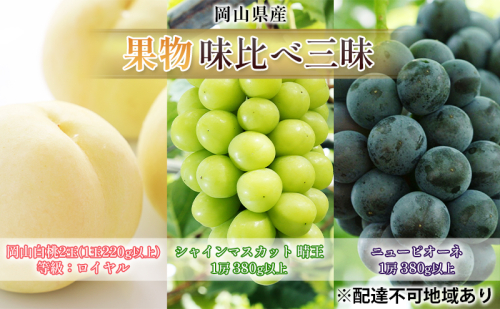 桃 ぶどう 2025年 先行予約 果物 味比べ三昧 岡山白桃 2玉 等級：ロイヤル（1玉220g以上）シャインマスカット 晴王 1房 ニュー ピオーネ 1房 詰合せ 岡山の桃 岡山の葡萄